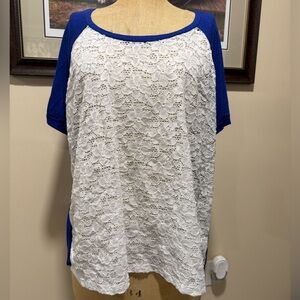 Torrid Blue 1/4 Sleeve T-shirt with White Lace Front